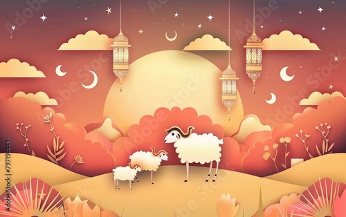 Eid Al Adha Background. Islamic Arabic lantern and sheep. Eid al-Adha translation Vector illustration