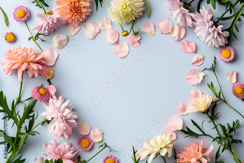 Floral background feminine flowers in pastel colors. Valentine s day  Mother s day  Women s day postcard. Flat lay copy space.