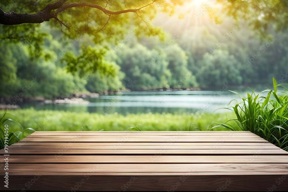 A wooden table with a view of a lake and trees A wooden table with a view of a lake and trees