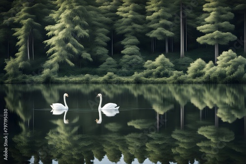 Two swans are swimming in a lake, with trees in the background