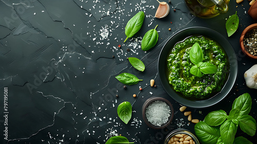 Green basil pesto italian recipe ingredients on black chalkboard background from above, Parmesan cheese, basil leaves, pine nuts, olive oil, garlic, salt and pepper, Layout with free text space