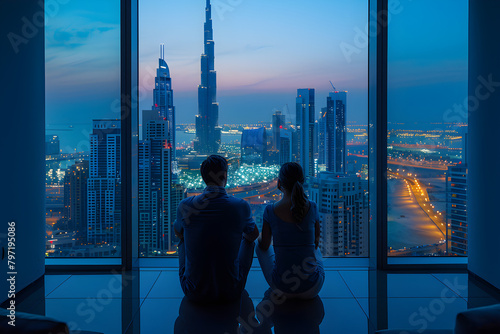 A man and a woman sitting on the terrace of a penthouse enjoying the stunning view of the Dubai skyline at sunset.