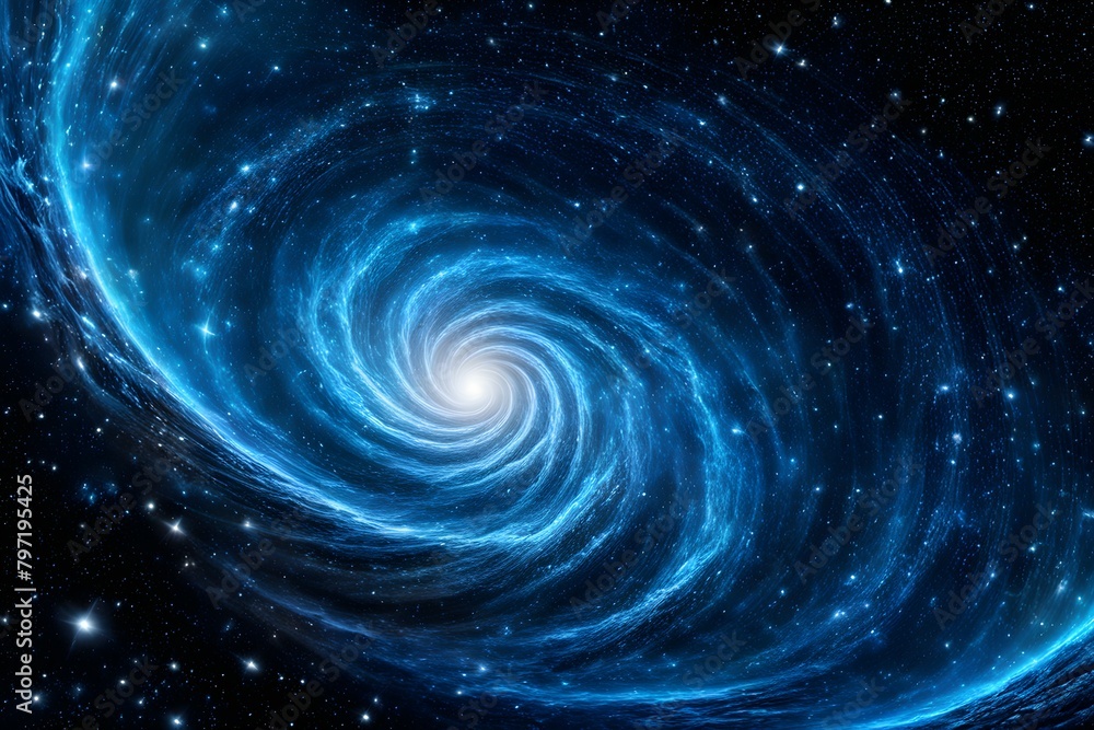 A spiral galaxy with a bright blue center and a dark blue background A spiral galaxy with a bright blue center and a dark blue background