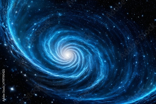 A spiral galaxy with a bright blue center and a dark blue background
