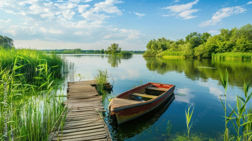 Fishing boats on a wooden pier on the river seen from above in summer