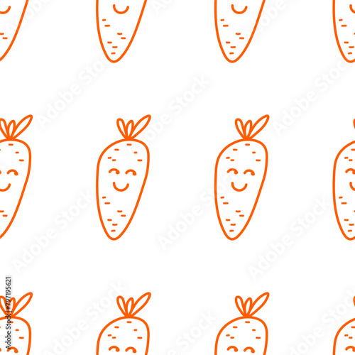 Seamless pattern with cute happy smiling funny carrot vegetable kawaii character. Modern line style cartoon icon isolated on white background. Healthy food concept.