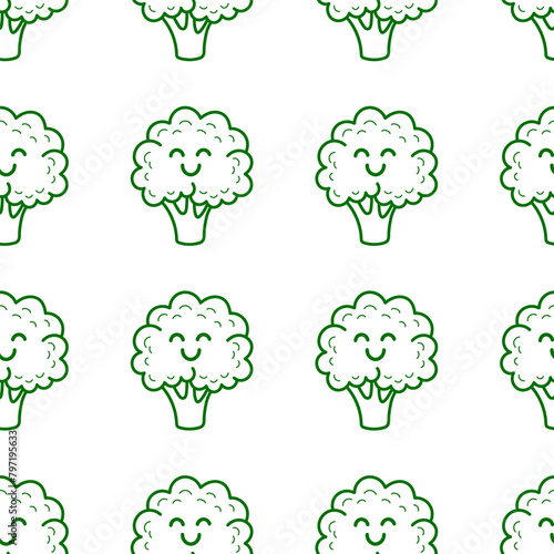 Seamless pattern with cute happy smiling funny broccoli vegetable kawaii character. Modern line style cartoon icons on white background. Healthy food concept.