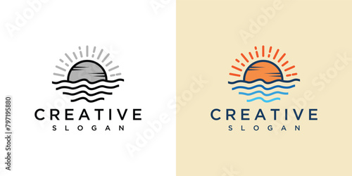 sun and sea wave logo design, river water flow, water abstract vector pattern logo in blue and orange. © sang