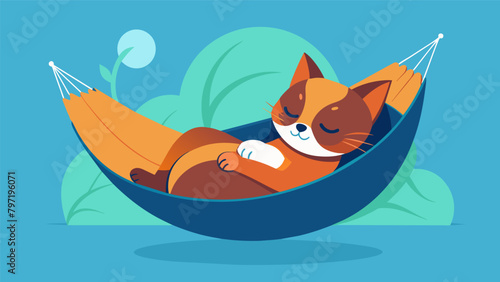 A pet curled up at the bottom of a hammock enjoying the gentle movements and fresh air..