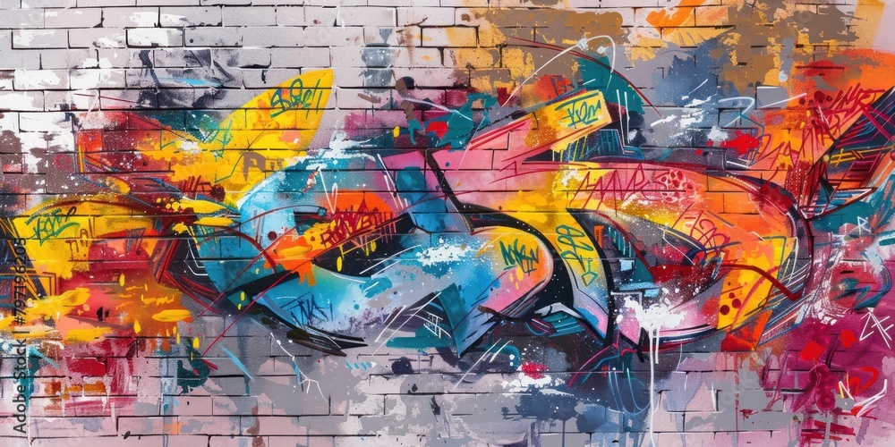 Fototapeta premium Graffiti and street art on a gritty urban concrete wall.