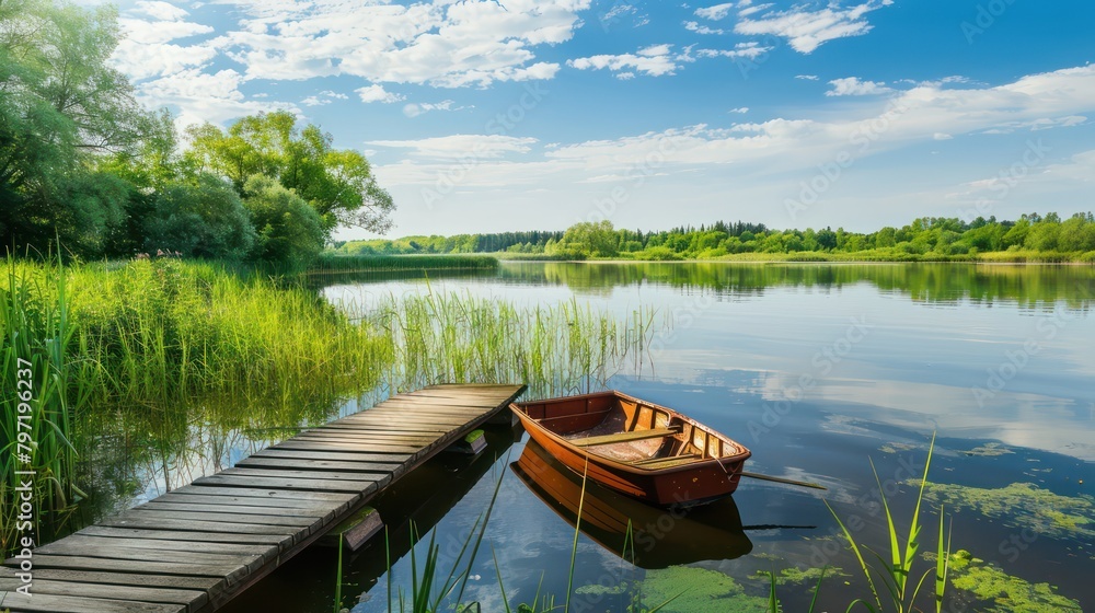 Fishing boats on a wooden pier on the river seen from above in summer