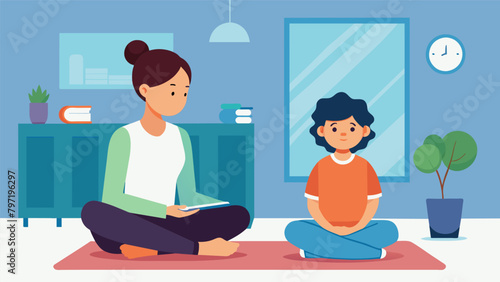 A parent and child sit in a quiet room practicing mindfulness and discussing ways to strengthen their bond.. Vector illustration