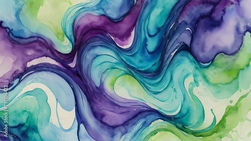 Watercolor Illustration Liquid Purple Blue and Soft Green Abstract Painting Background