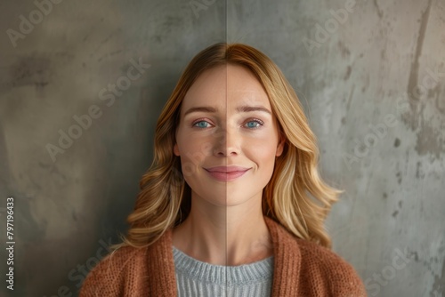 Woman aging gracefully centered in psychological effectiveness portrait, integrating skincare halves and less wrinkle merge in health depiction with aging transitions.