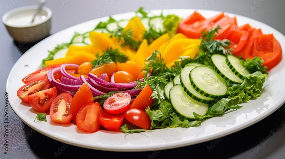 A colorful display of a healthy fresh vegetable salad with homemade dressing, served on a white plate, emphasizing the bright green hues A colorful display of a healthy fresh vegetable salad with homemade dressing, served on a white plate, emphasizing the bright green hues