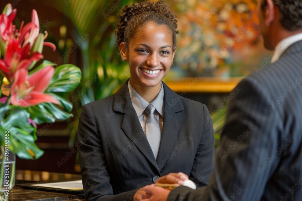 Receptionist reception hotel manager cheerful happy smiling person working occupation desk assistance customers motel lobby professional communication skills management guest visitor secretary staff Receptionist reception hotel manager cheerful happy smiling person working occupation desk assistance customers motel lobby professional communication skills management guest visitor secretary staff