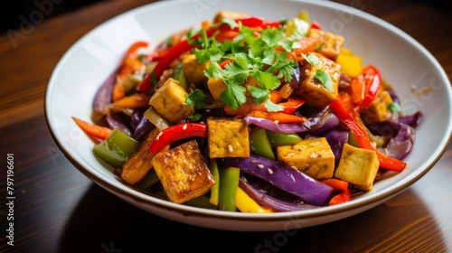 A canvas of vibrant multicolors in a vegetarian stirfry, featuring bright peppers, purple cabbage, and golden tofu, served artistically