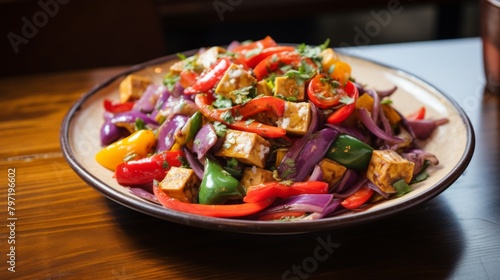 A canvas of vibrant multicolors in a vegetarian stirfry, featuring bright peppers, purple cabbage, and golden tofu, served artistically