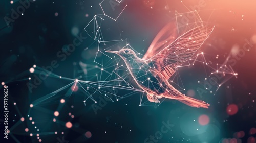 Illustration of a digital bird symbolizing connected technology in flight. Ai Generated.