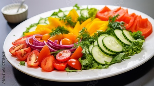A colorful display of a healthy fresh vegetable salad with homemade dressing, served on a white plate, emphasizing the bright green hues