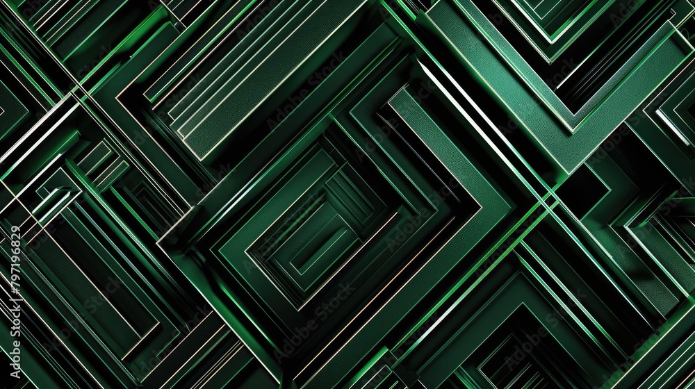 Metallic green lines intertwine with sleek black geometric patterns, Ai Generated. Metallic green lines intertwine with sleek black geometric patterns, Ai Generated.