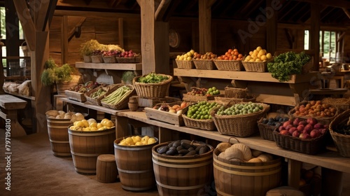 A cozy farm shop scene with baskets of fresh produce, emphasizing natural, earthy tones and the rustic charm of rural life