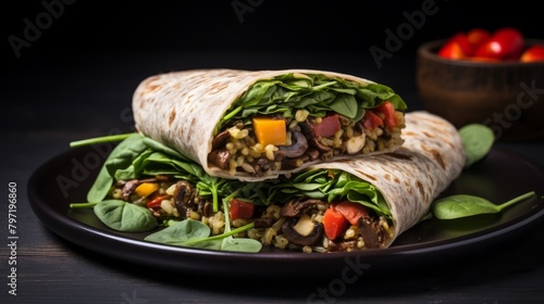 A creative fusion wrap incorporating rich greens of Swiss chard filled with Middle Eastern spiced lentils and Mediterranean grilled vegetables