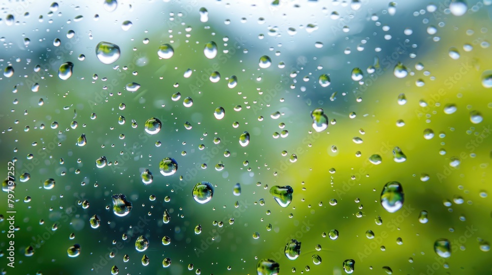 Glistening rain droplets on window glass against a blurred background, a serene scene. Ai Generated.
