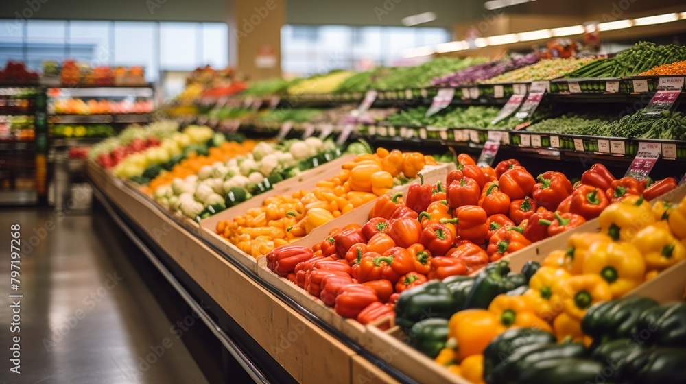 A grocery store s organic aisle featuring an artful arrangement of orange bell peppers, carrots, and oranges, creating a lively and inviting atmosphere