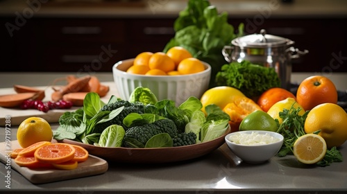 A healthfocused kitchen scene with a variety of unprocessed, fresh vegetables and a bowl of vibrant oranges, ready for a nutritious meal photo