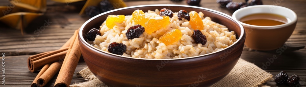 A heartwarming serving of oatmeal, sweetened with honey and garnished with golden raisins and brown sugar, making it a wholesome breakfast choice A heartwarming serving of oatmeal, sweetened with honey and garnished with golden raisins and brown sugar, making it a wholesome breakfast choice