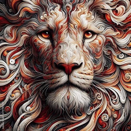 A detailed and vibrant artwork of a lion's face. 