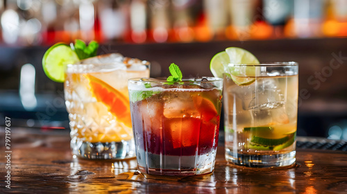 Cocktails on a Wooden Bar in Traditional-Modern Fusion Style
