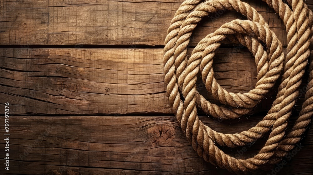 Obraz premium Nautical background featuring a rope shaped as a circle on a wood backdrop. Ai Generated.