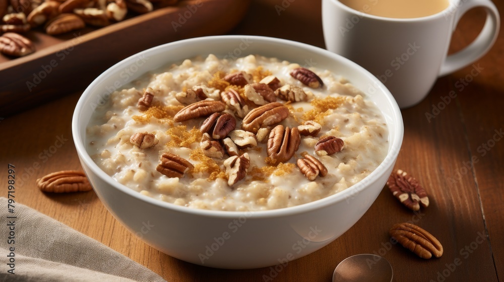 A warm bowl of glutenfree oatmeal prepared with almond milk, topped with toasted walnuts and brown sugar, making for a nutritious, warm brown breakfast A warm bowl of glutenfree oatmeal prepared with almond milk, topped with toasted walnuts and brown sugar, making for a nutritious, warm brown breakfast