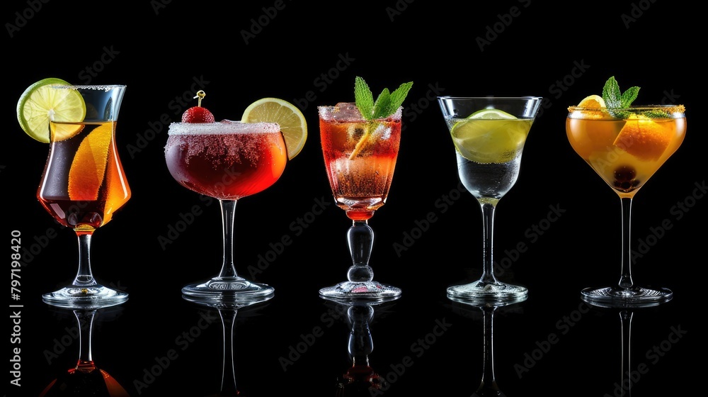 Assortment of various cocktails presented on a sleek black background, offering a sophisticated display. Ai Generated. Assortment of various cocktails presented on a sleek black background, offering a sophisticated display. Ai Generated.