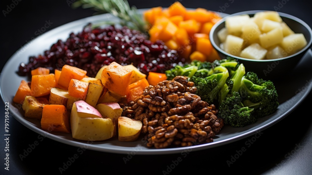 A wellrounded meal showcasing proteinrich legumes and a medley of vegetables, emphasized with rich browns from baked root vegetables A wellrounded meal showcasing proteinrich legumes and a medley of vegetables, emphasized with rich browns from baked root vegetables