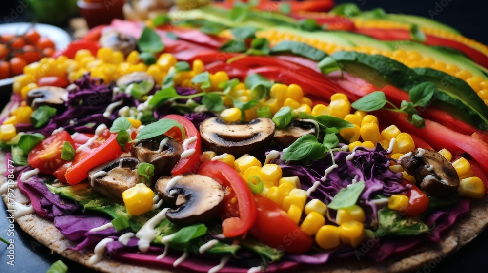 An appetizing and colorful vegan pizza with a rainbow of vegetable toppings, presenting an artistic and vibrant culinary creation