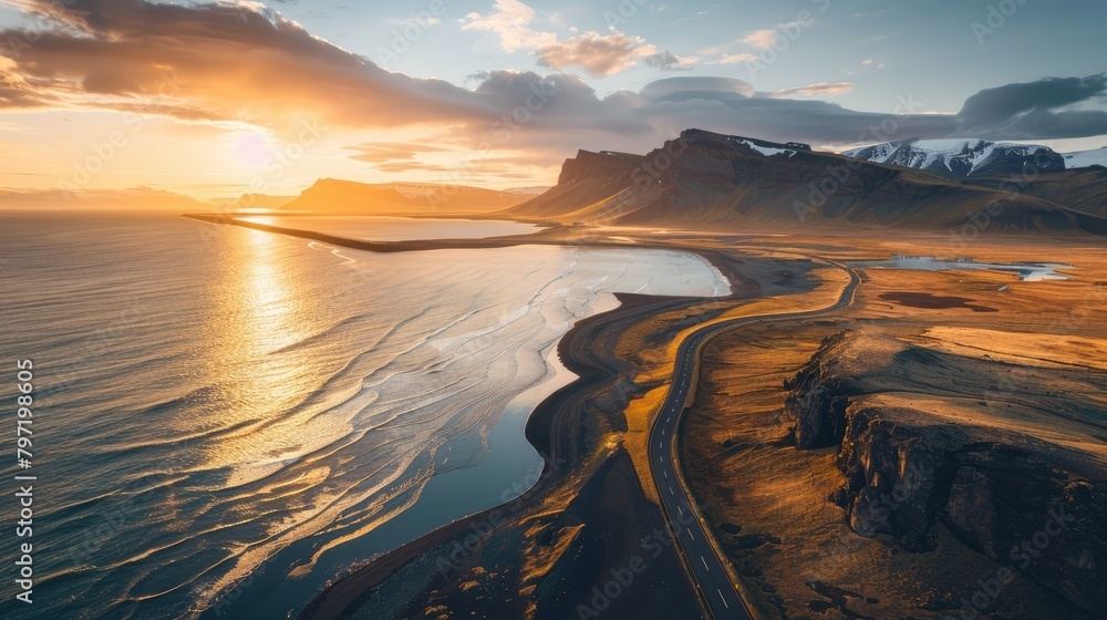 Aerial panorama of a scenic road in Iceland, showcasing stunning nature landscapes with mountains, Ai Generated.