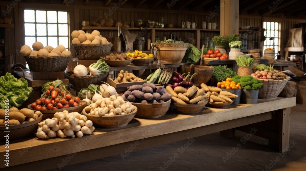 An inviting display of fresh farm produce in a barn setting, with a focus on the rich, earthy browns of potatoes and whole grains