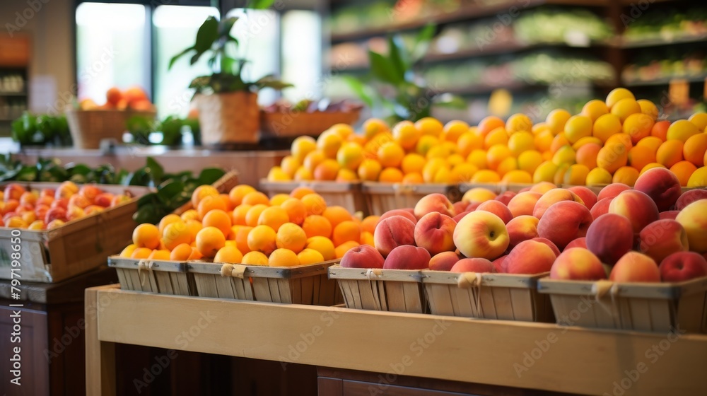 An inviting display of organic produce in a specialty store, focusing on the rich, vibrant oranges of apricots and nectarines, artfully arranged to catch the eye