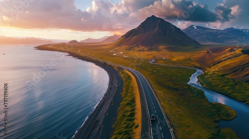 Aerial panorama of a scenic road in Iceland, showcasing stunning nature landscapes with mountains, Ai Generated.