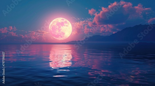 Romantic and scenic panorama featuring a full moon casting its glow on the sea, Ai Generated.