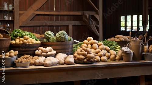 An inviting display of fresh farm produce in a barn setting, with a focus on the rich, earthy browns of potatoes and whole grains