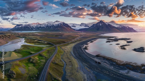 Aerial panorama of a scenic road in Iceland  showcasing stunning nature landscapes with mountains  Ai Generated.