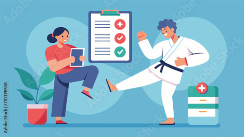 A martial artist prioritizing regular checkins with a doctor or physical the to address any injuries or concerns and ensure longterm physical