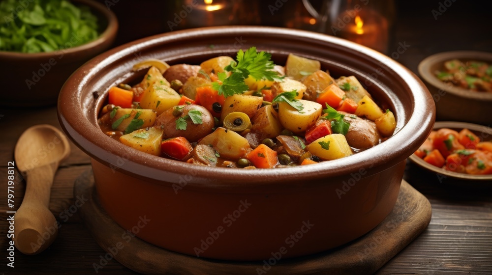 Appealing vegetarian stew, rich in earthy browns with lentils, potatoes, and carrots, served in a clay pot to enhance its rustic charm Appealing vegetarian stew, rich in earthy browns with lentils, potatoes, and carrots, served in a clay pot to enhance its rustic charm