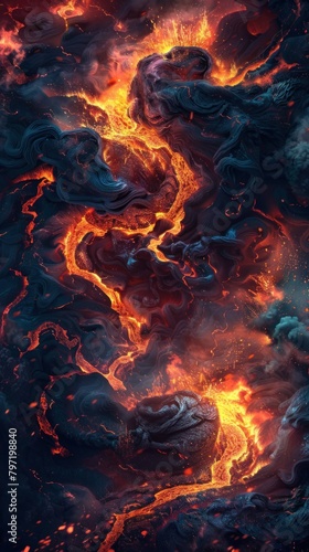 Vibrant lava swirls against a background of molten lava, creating an abstract volcanic scene. 