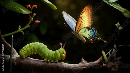 An impressive photograph featuring a green caterpillar and a vibrant butterfly against a dark nature background. photography, color image, close-up, nature, plant