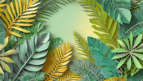 A seamless frame based on portraying a lush tropical green leaves